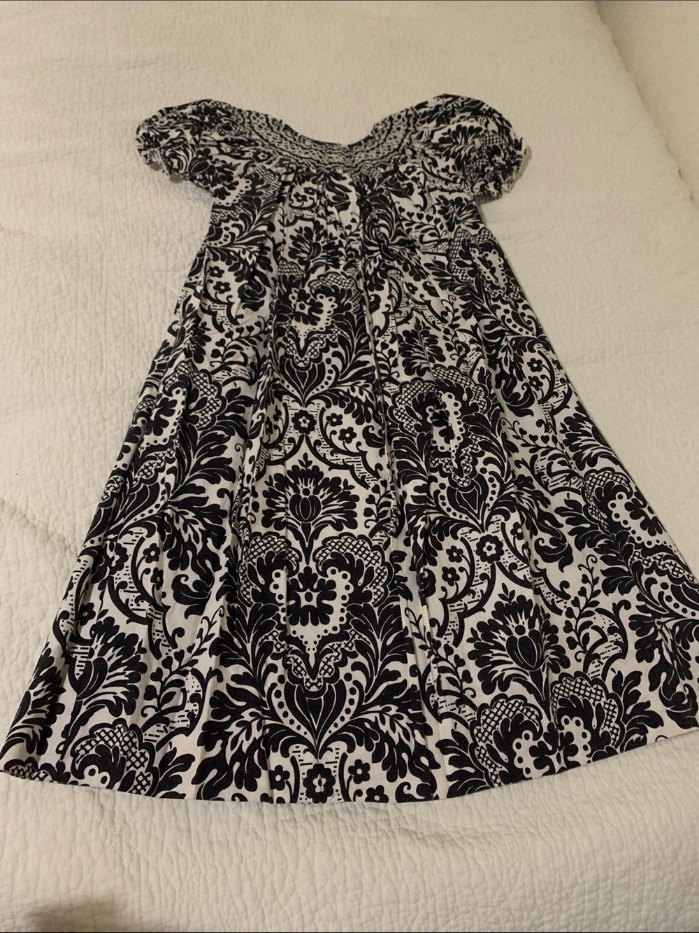 Girls Black & White Floral Smocked Bodice Dress
